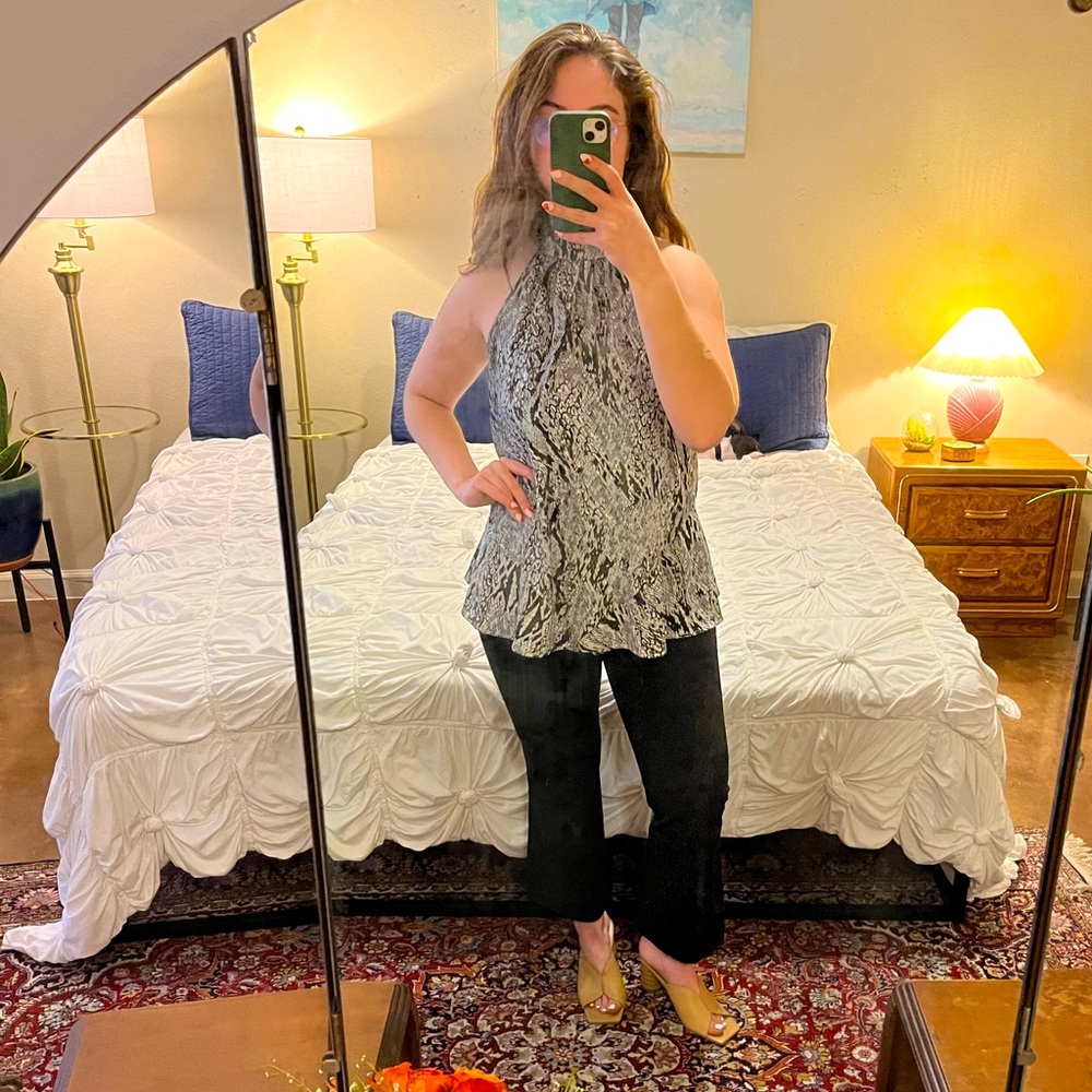 Snake skin print sleeveless blouse with neck tie